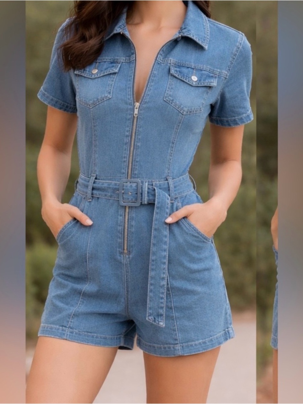 Women's Light Blue Denim Short-Sleeve Zip Romper with Belt - Picture 8 of 8